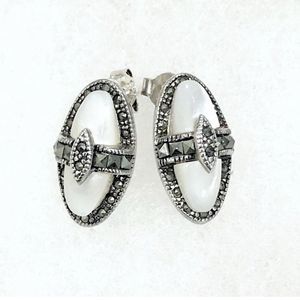 Mother of Pearl Marcasite Vintage Sterling Silver Earrings